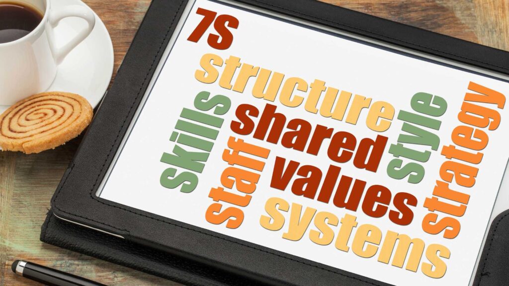 Business leaders analyzing the McKinsey 7S Model for organizational transformation and strategy