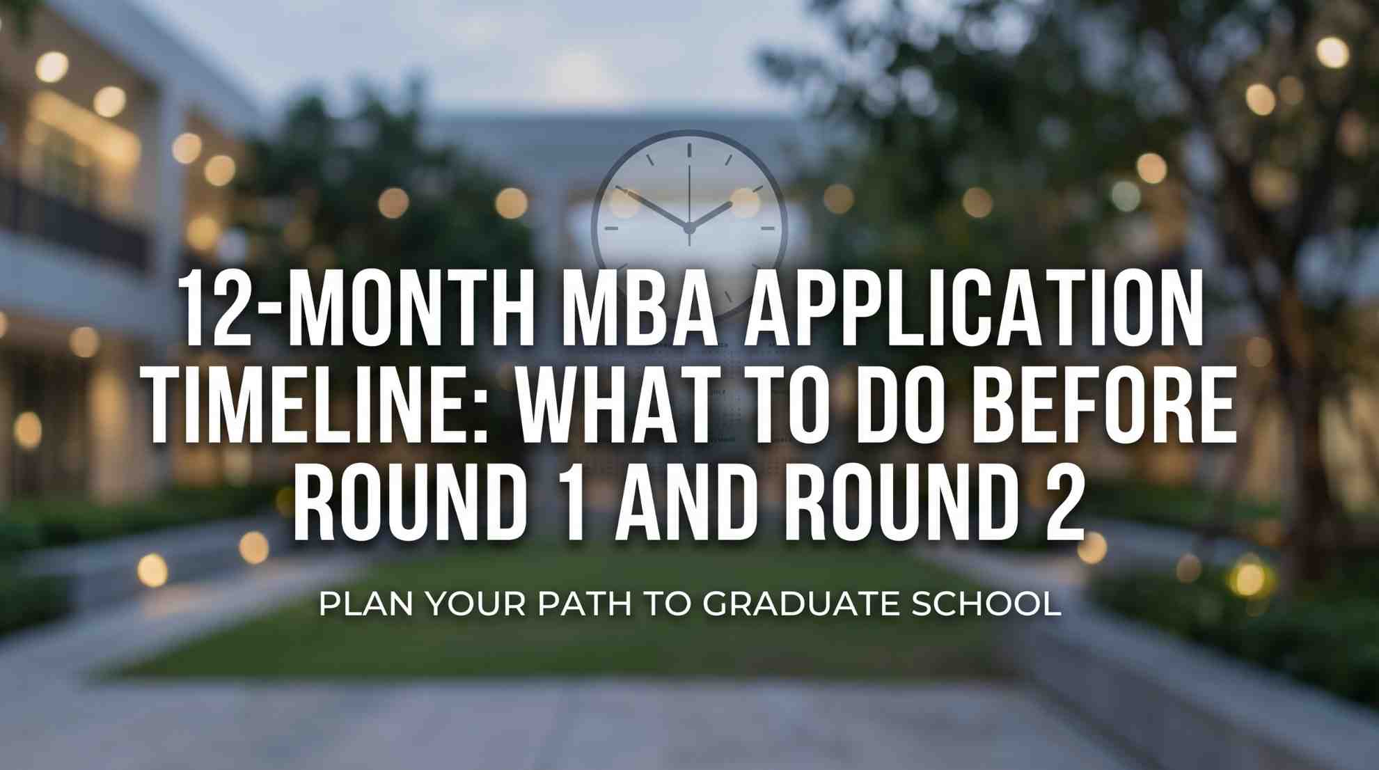 A conceptual graphic of an MBA application timeline with a clock and planning icons, representing Go2MBA's guide on what to do before Round 1 and Round 2 deadlines.