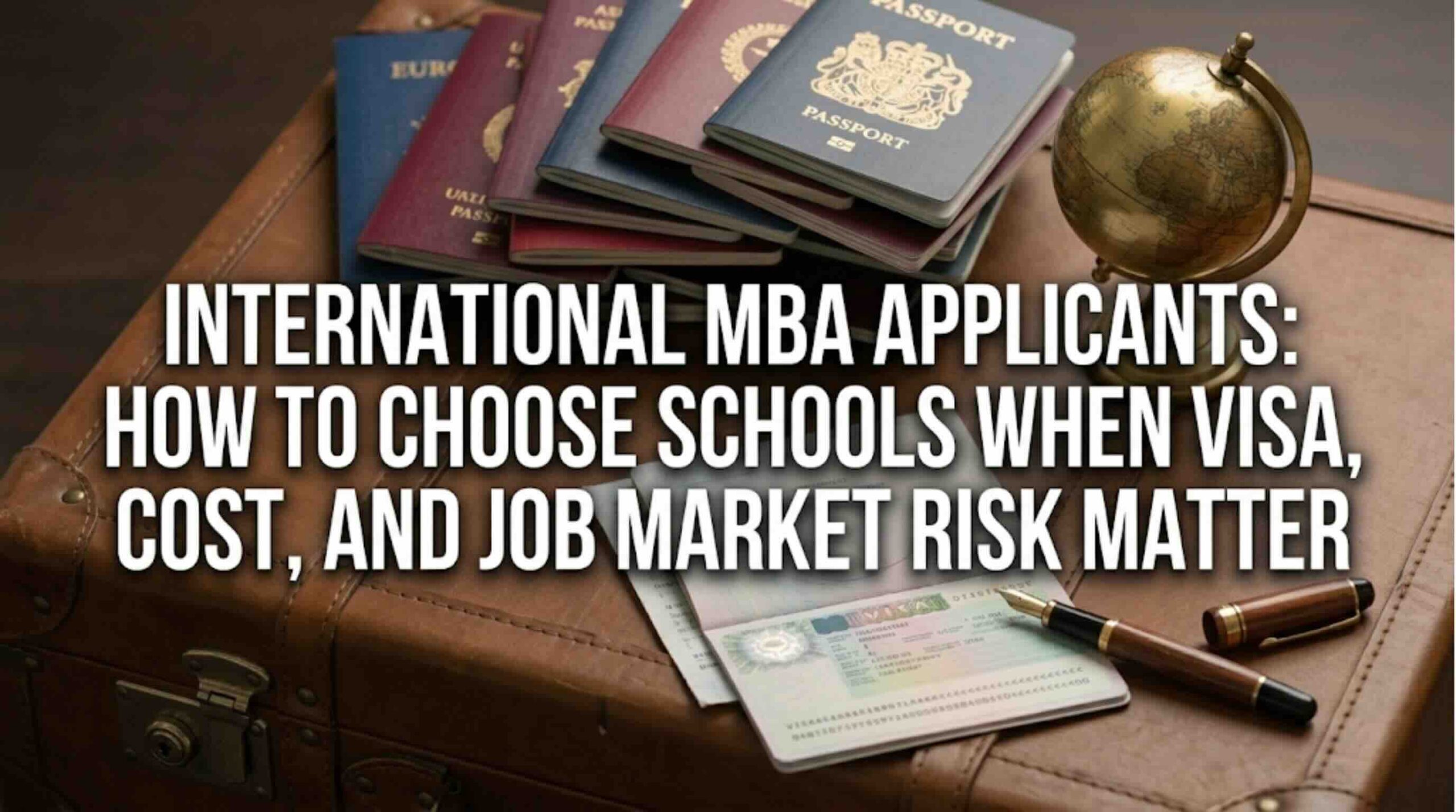 Passports and globe on a desk, representing Go2MBA's strategic advice for international MBA applicants navigating visa, cost, and job market risks.