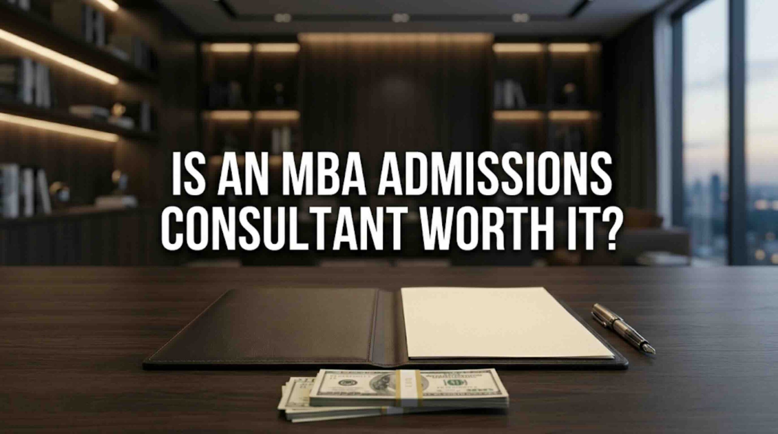 A professional desk featuring a leather folder and money, representing the investment in expert MBA admissions consulting and the value of professional guidance.