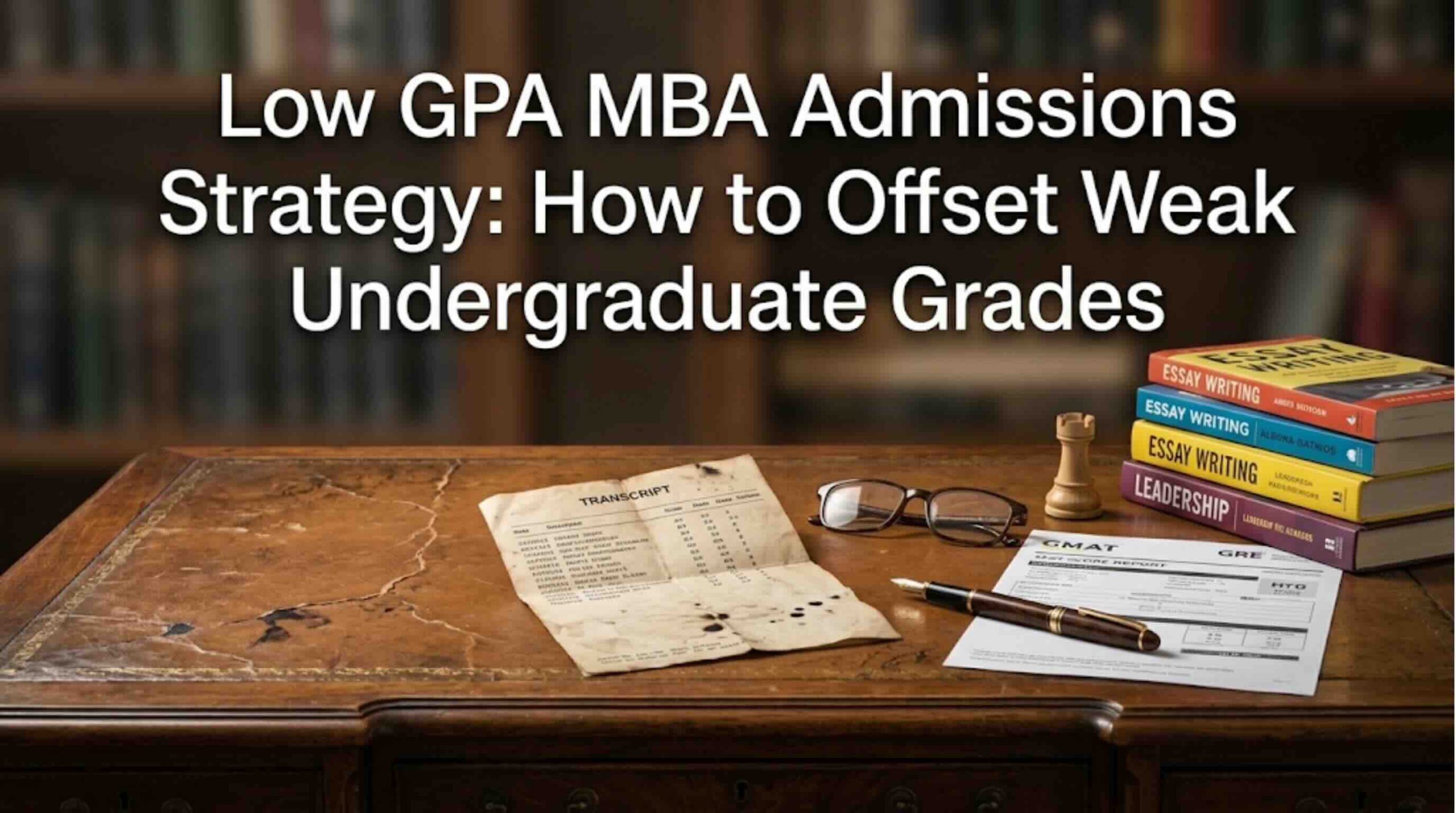 A desk with a transcript, glasses, and books, representing Go2MBA's strategic advice on offsetting a low undergraduate GPA for competitive MBA admissions.