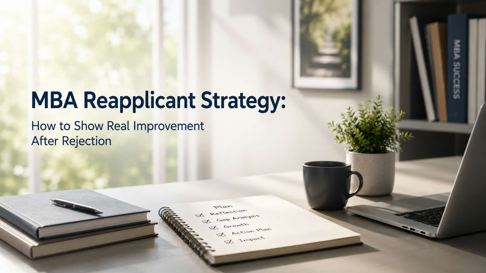 A professional desk setup featuring a "Plan" notebook with sections for reflection and action plans, representing Go2MBA's MBA reapplicant strategy services.