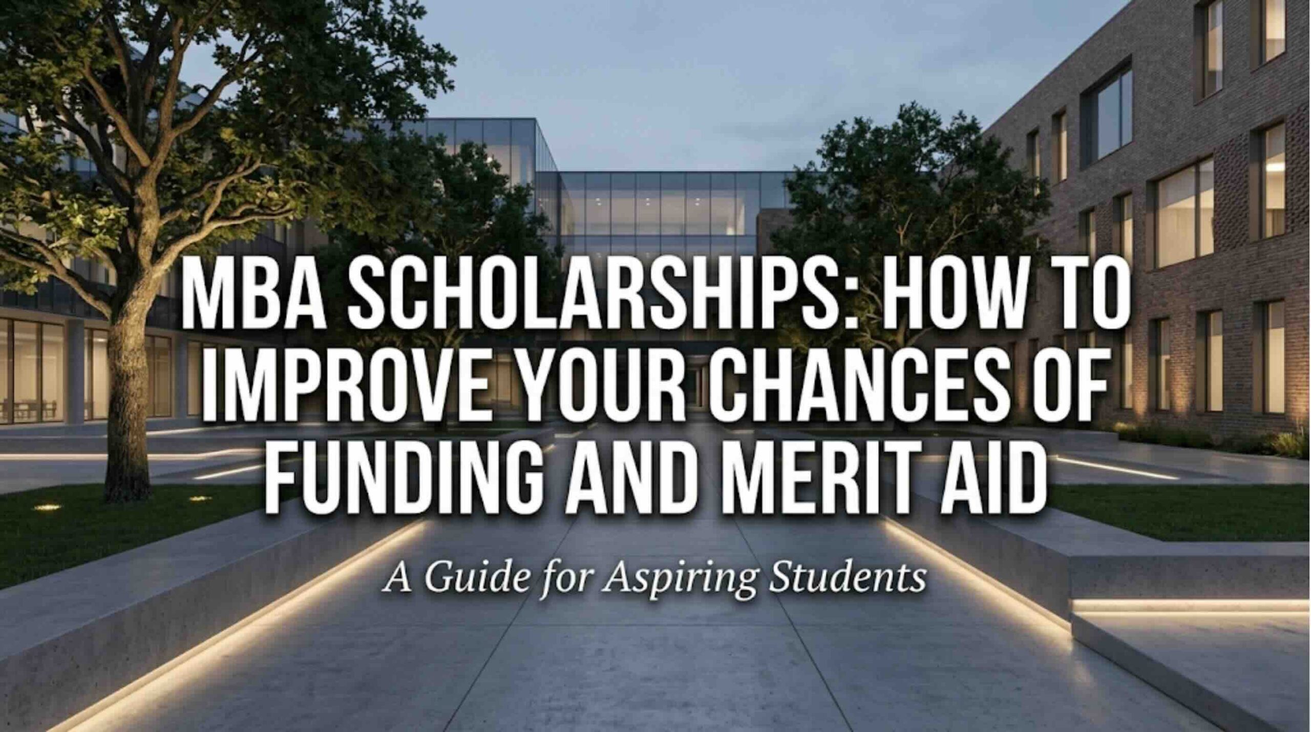A modern business school campus building at dusk, representing Go2MBA's expert guide on improving your chances of securing MBA scholarships and merit-based funding.