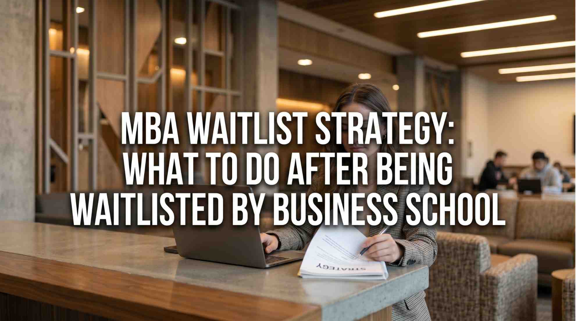 A professional candidate reviewing MBA waitlist strategies on a laptop in a modern office, representing Go2MBA's expert guidance on navigating the business school waitlist process.