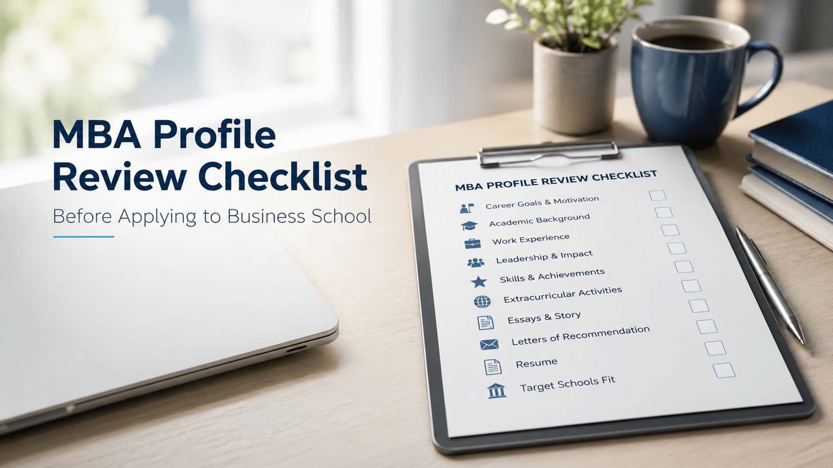 A comprehensive MBA profile review checklist to evaluate your business school application readiness, created by Go2MBA admissions consulting.