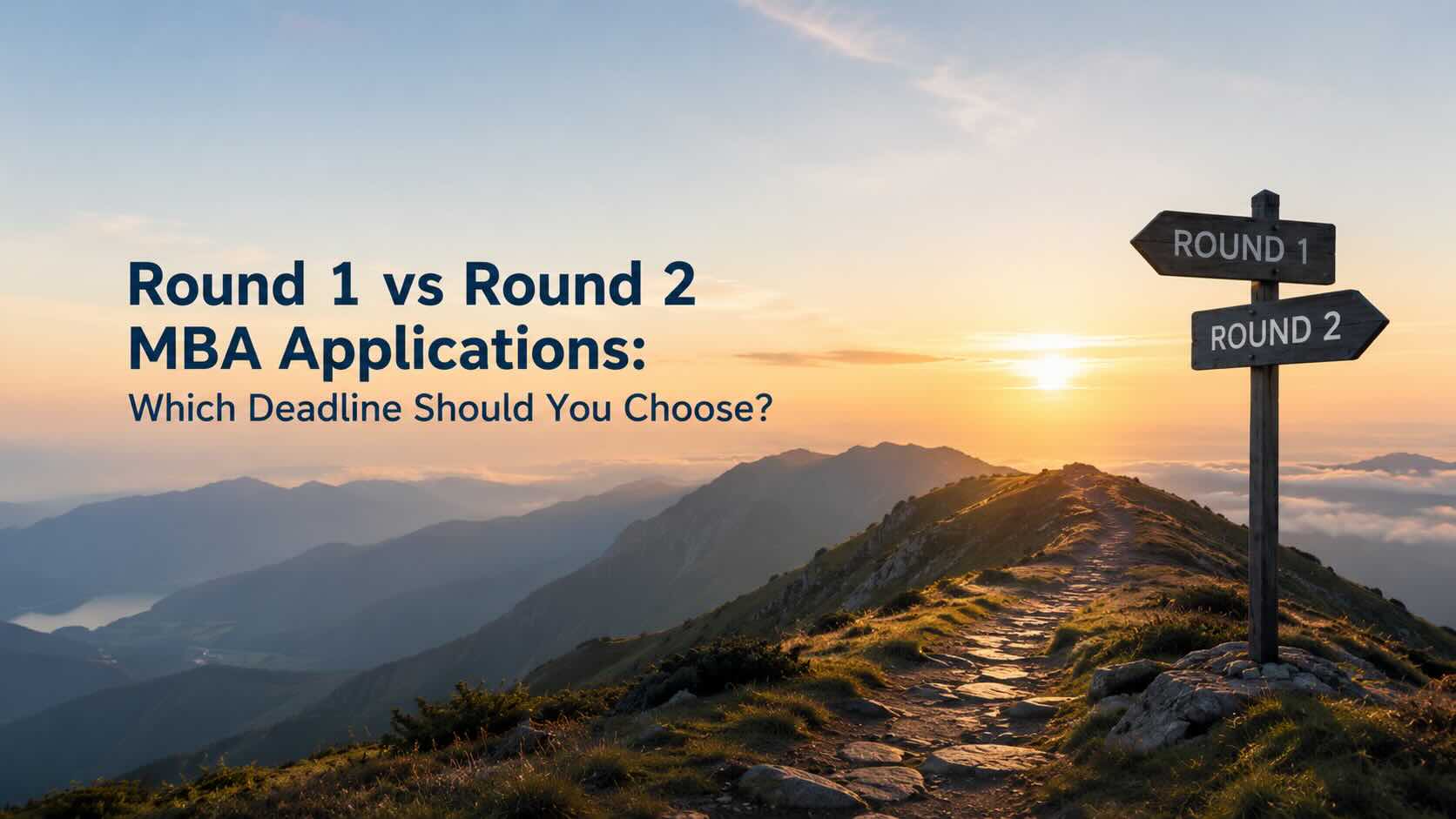 A scenic mountain path with signposts for "Round 1" and "Round 2," representing the strategic choice for MBA application deadlines at top business schools.