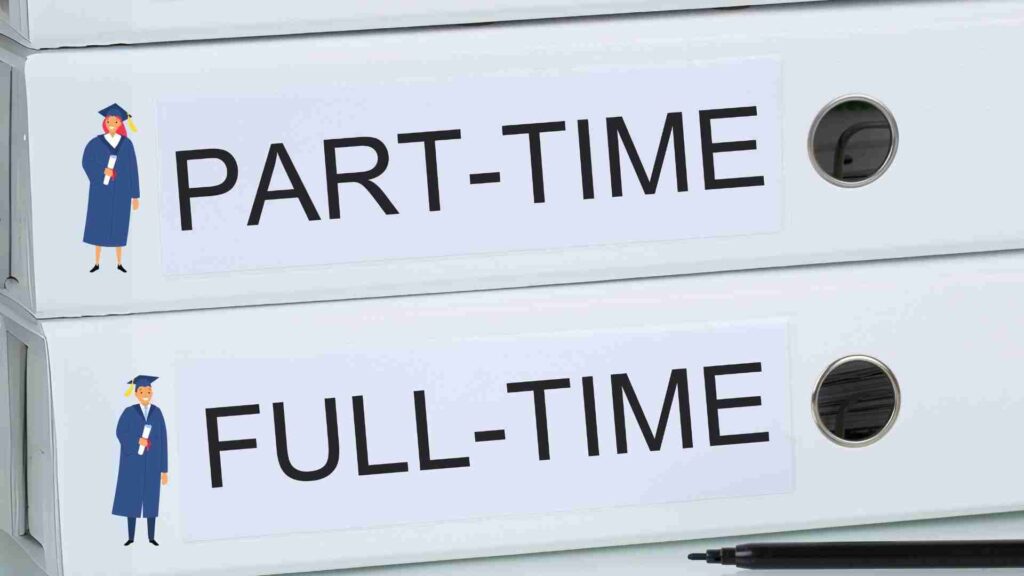 Two binders labeled Part-Time and Full-Time representing a comparison of MBA programs, a strategic guide by Go2MBA admissions consulting.